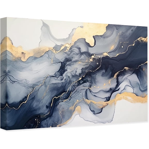 ZHONGYUTONG Gray Blue Abstract Canvas Wall Art Navy Blue Gold Picture Modern Artwork Painting for Living Room Home Decor Framed (20.00" x 30.00")