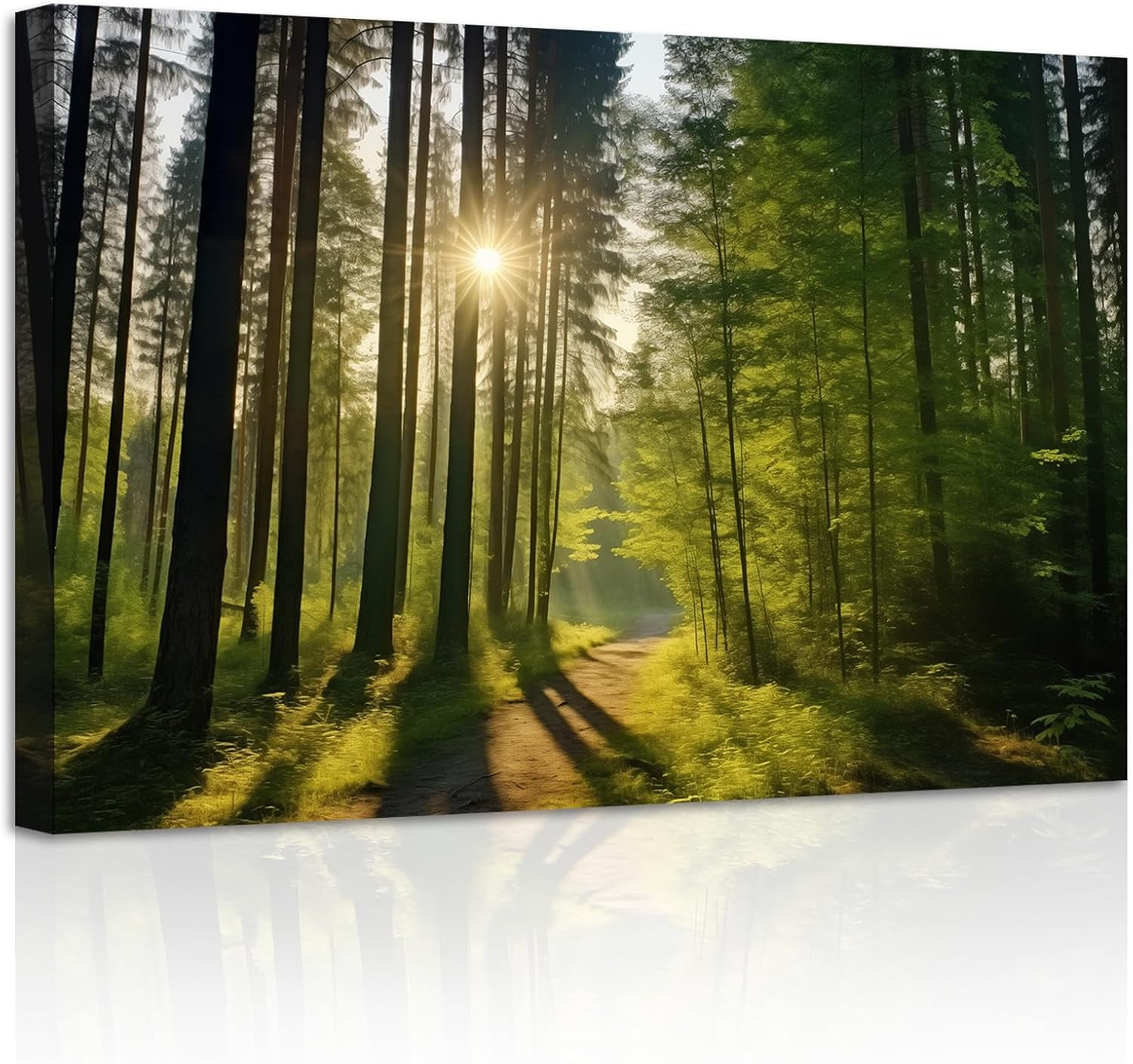 ZHONGYUTONG Green Forest Canvas Wall Art Sunshine Through Forest Road Picture Prints Morning Sunrise Paintings Nature Landscape Wall Decor Framed (12.00" x 18.00")