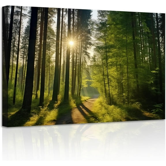 ZHONGYUTONG Green Forest Canvas Wall Art Sunshine Through Forest Road Picture Prints Morning Sunrise Paintings Nature Landscape Wall Decor Framed (12.00" x 18.00")