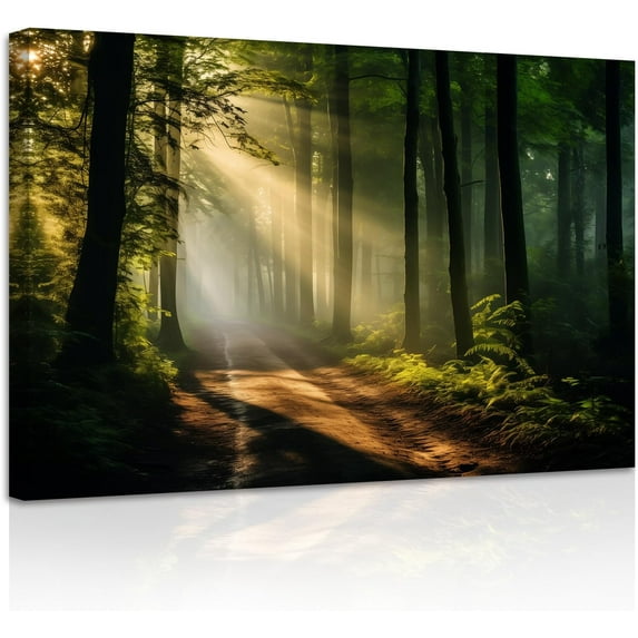 ZHONGYUTONG Green Forest Canvas Wall Art Sunshine Through Forest Road Picture Prints Morning Sunrise Paintings Nature Landscape Wall Decor Framed (12.00" x 18.00")