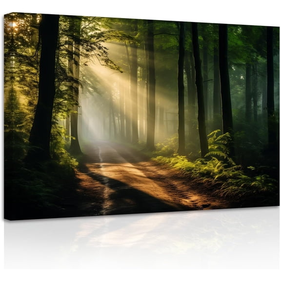ZHONGYUTONG Green Forest Canvas Wall Art Sunshine Through Forest Road Picture Prints Morning Sunrise Paintings Nature Landscape Wall Decor Framed (28.00" x 42.00")