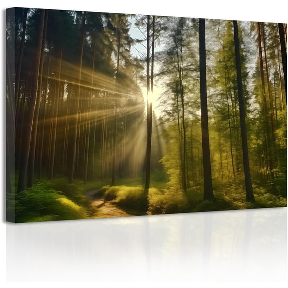 ZHONGYUTONG Green Forest Canvas Wall Art Sunshine Through Forest Road Picture Prints Morning Sunrise Paintings Nature Landscape Wall Decor Framed (28.00" x 42.00")