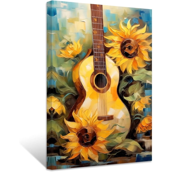 ZHONGYUTONG Guitar Canvas Wall Art Guitar & Sunflowers Painting Prints Musical Themed Picture for Concert House Bar Wall Decor Framed (16.00" x 24.00")