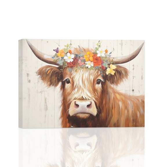 ZHONGYUTONG Highland Cow Canvas Art Print Cattle Wear Flowers Crown Picture Wall Painting (12"x18")