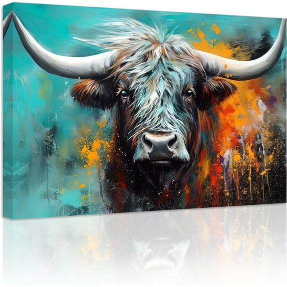 ZHONGYUTONG Highland Cow Canvas Wall Art Abstract Highland Cow Poster Prints Colorful Animals Pictures for Country Kitchen Bathroom Decor Framed (24.00" x 36.00")