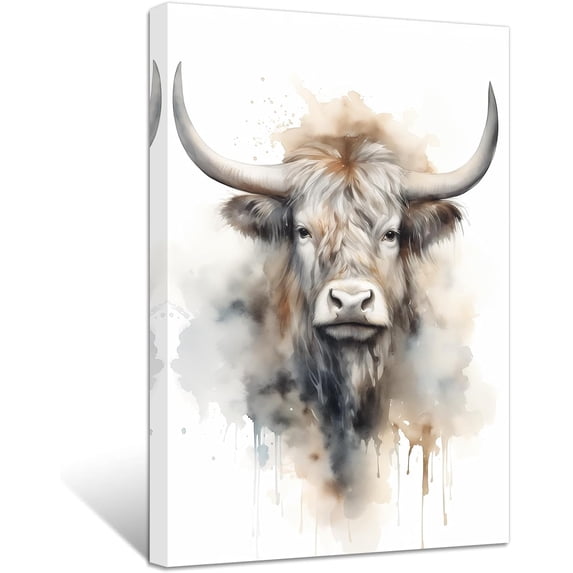 ZHONGYUTONG Highland Cow Canvas Wall Art Cow Face Watercolour Poster Prints Abstract Animal Pictures for Modern Nursery Kids Room Decor Framed (16.00" x 24.00")