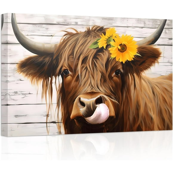 ZHONGYUTONG Highland Cow Canvas Wall Art Cute Cattle with Flower Poster Prints Western Animals Pictures for Country Farmhouse Kitchen Bathroom Decor (12.00" x 18.00")