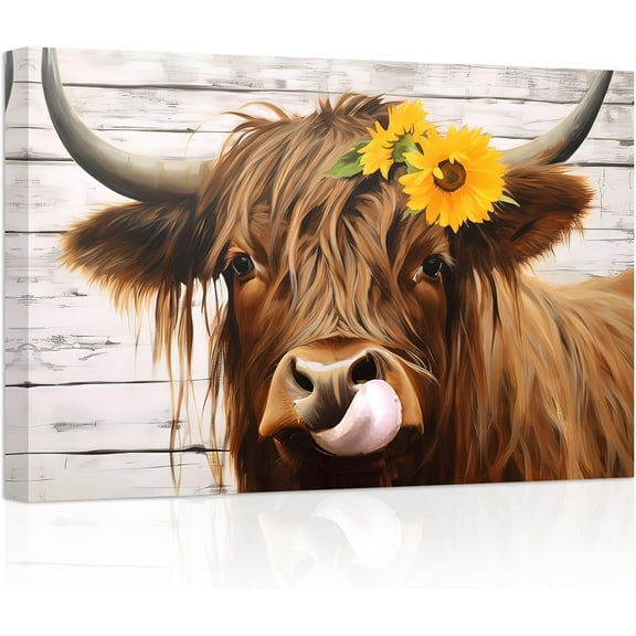 ZHONGYUTONG Highland Cow Canvas Wall Art Cute Cattle with Flower Poster Prints Western Animals Pictures for Country Farmhouse Kitchen Bathroom Decor (12.00" x 18.00")