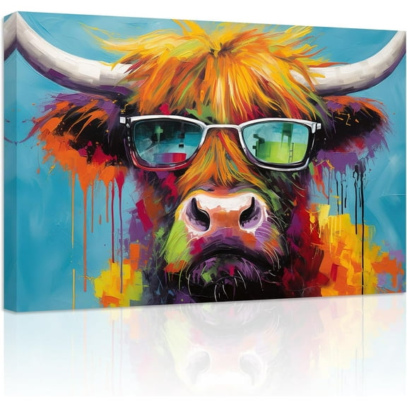 ZHONGYUTONG Highland Cow Canvas Wall Art Highland Cow Wearing Glasses Poster Prints Colorful Animals Pictures for Country Kitchen Bathroom Decor Framed (12.00" x 18.00")