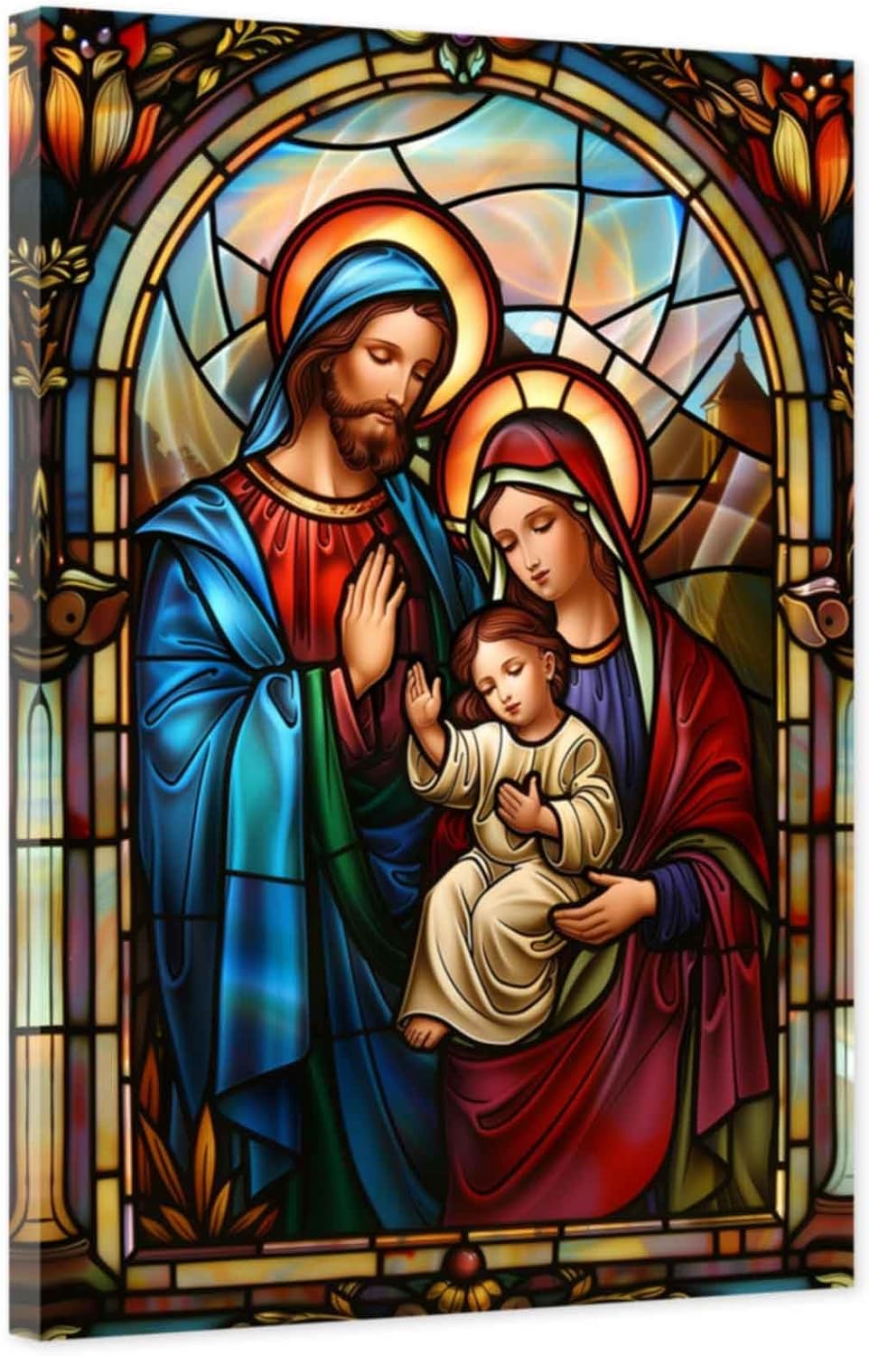 ZHONGYUTONG Holy Family Pictures Jesus and Virgin Mary Canvas Catholic Wall Art God Poster Christian Painting for Church Decor Framed (12.00" x 18.00")