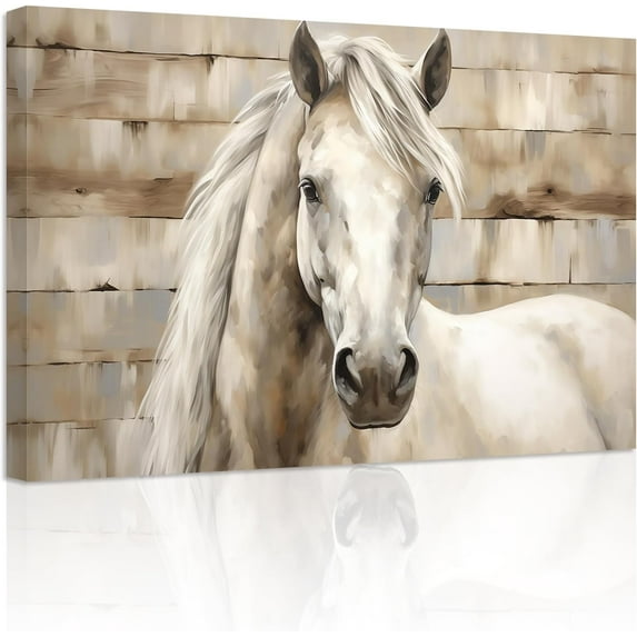 ZHONGYUTONG Horse Canvas Wall Art White Horse Picture Prints Vintage Western Animal Portrait Paintings for Rustic Farmhouse Office Decor Framed (12.00" x 18.00")
