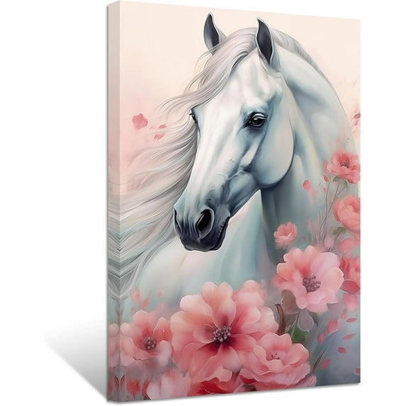 ZHONGYUTONG Horse Canvas Wall Art White Horse Pink Flowers Picture Prints Romantic Elegant Artwork Western Animal Portrait Paintings Home Office Decor Framed(4, (12.00" x 18.00")