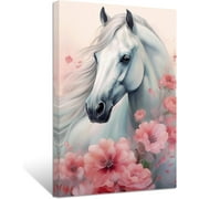 ZHONGYUTONG Horse Canvas Wall Art White Horse Pink Flowers Picture Prints Romantic Elegant Artwork Western Animal Portrait Paintings Home Office Decor Framed4, 12.00" x 18.00"