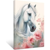 ZHONGYUTONG Horse Canvas Wall Art White Horse Pink Flowers Picture Prints Romantic Elegant Artwork Western Animal Portrait Paintings Home Office Decor Framed (12.00" x 18.00")