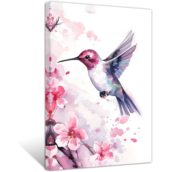 ZHONGYUTONG Hummingbird Canvas Wall Art Watercolor Bird & Flower Painting Prints Nature Animal Pictures for Kid's Room Nursery Framed (12.00" x 18.00")