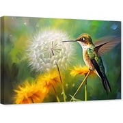 ZHONGYUTONG Hummingbird Wall Art Canvas White and Green Yellow Dandelion Picture Abstract Bird Poster Painting for Bedroom Decor Framed 12.00" x 18.00"