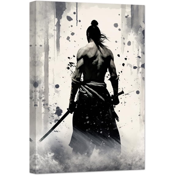 ZHONGYUTONG Japanese Samurai Wall Art Black and White Armored Samurai Canvas Picture Japan Warrior Poster Bushido Print Wall Decor Framed (20" x 30")