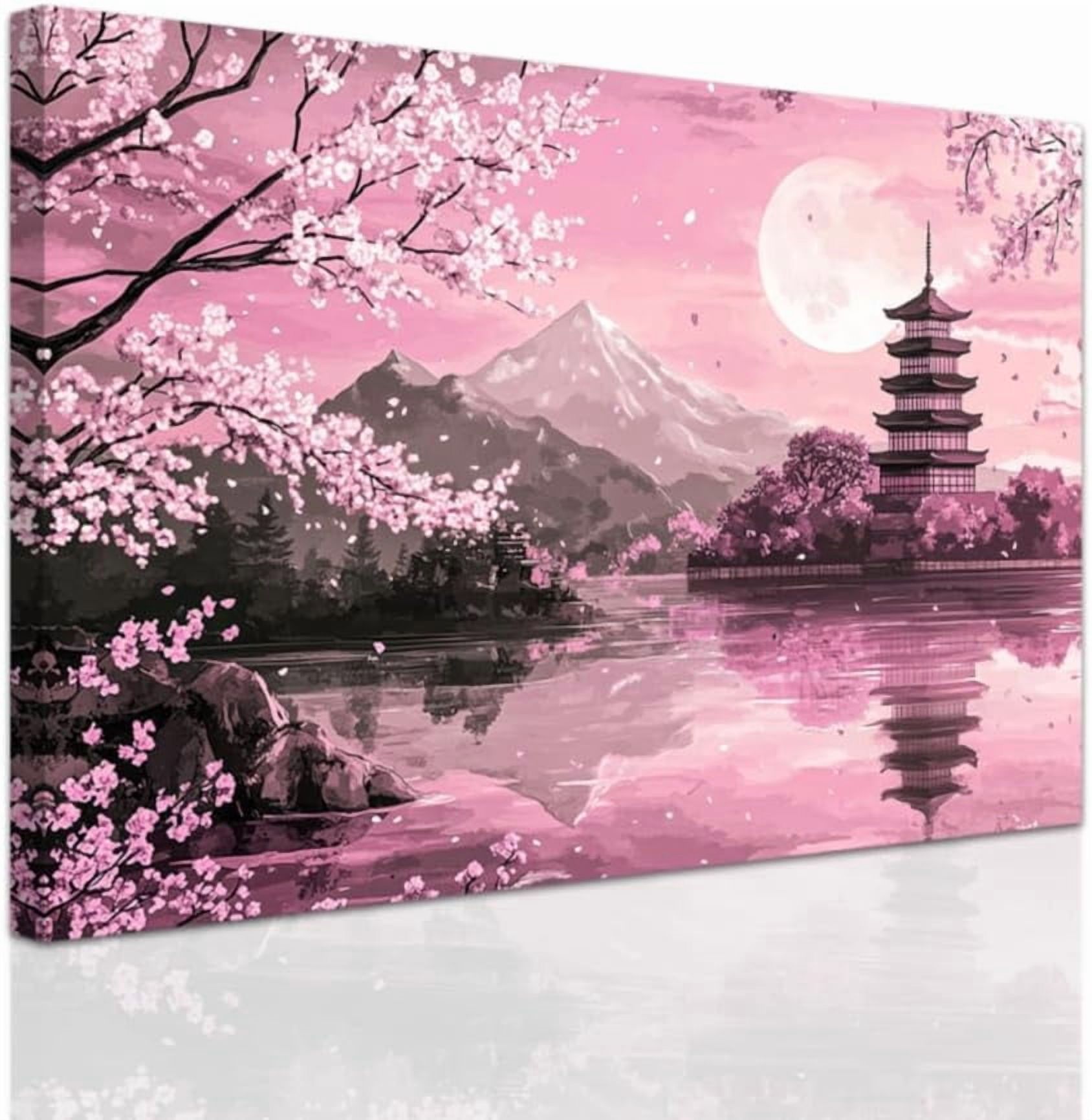 ZHONGYUTONG Japanese Wall Art Pink Cherry Blossom Pictures for Bedroom Japan Landscape Poster Prints Sakura Canvas Painting Framed Ready to Hang (12.00" x 18.00")