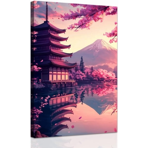 ZHONGYUTONG Japanese Wall Art Pink Cherry Blossom Pictures for Bedroom Japan Landscape Poster Prints Sakura Canvas Painting Framed Ready to Hang (16.00" x 24.00")
