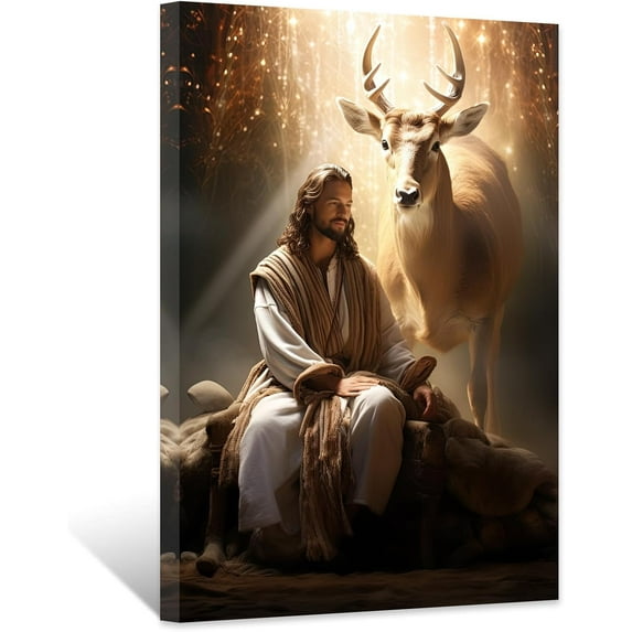 ZHONGYUTONG Jesus Canvas Wall Art Deer and God Pictures Prints Christian Spiritual Poster Abstract Artwork Home Decor for Prayer Room Living Room Framed (20.00" x 30.00")