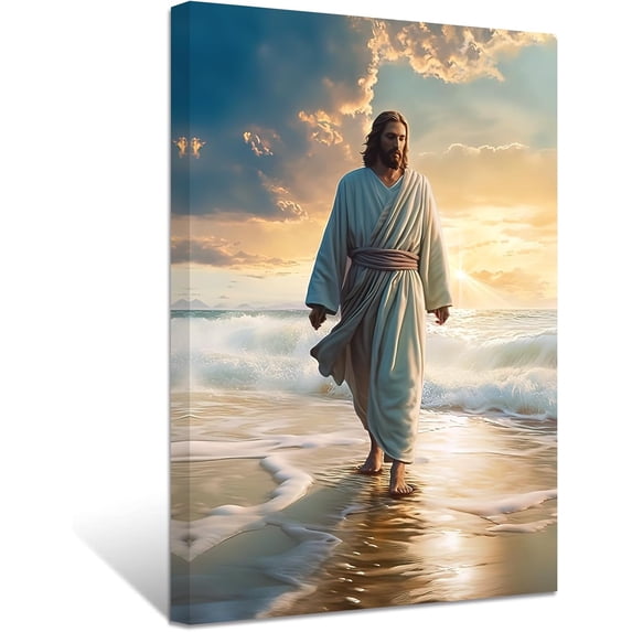 ZHONGYUTONG Jesus Canvas Wall Art God Walks on the Beach Pictures Prints Christian Spiritual Poster Artwork Home Decor for Office Prayer Room Framed (24.00" x 36.00")
