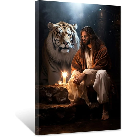 ZHONGYUTONG Jesus Canvas Wall Art Tiger and God Pictures Prints Christian Spiritual Poster Abstract Artwork Home Decor for Prayer Room Living Room Framed (20.00" x 30.00")