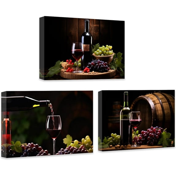 ZHONGYUTONG Kitchen Wall Art Set of 3 Red Wine Pictures Wall Decor Grape Wine Painting Restaurant Dining Room Bar Canvas Print Artwork Framed (11"x14"x3PCS)