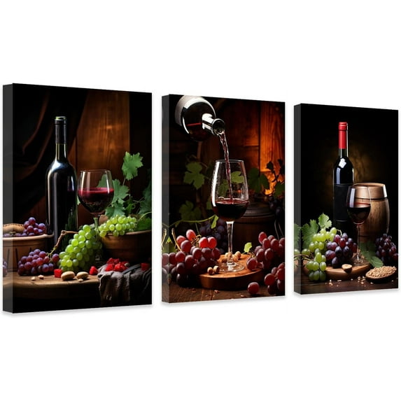 ZHONGYUTONG Kitchen Wall Art Set of 3 Red Wine Pictures Wall Decor Grape Wine Painting Restaurant Dining Room Bar Canvas Print Artwork Framed (11"x14"x3PCS)