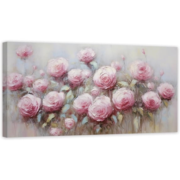 ZHONGYUTONG Large Flower Abstract Wall Art Bloosom Rose Picture Rose Pink Floral Canvas Painting Textured Artwork Print Wall Decor for Living Room Home Framed (12.00" x 24.00")