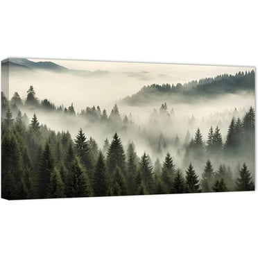 ZHONGYUTONG Large Foggy Mountain Canvas Wall Art Green Forest Pine Tree Misty Painting Prints Natural Scenery Pictures Home Decor for Living Room Office Framed (12.00" x 24.00")