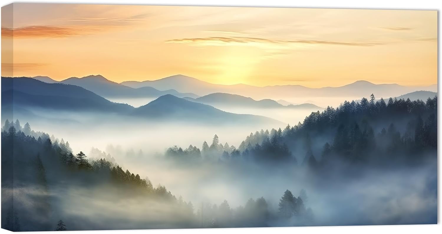 ZHONGYUTONG Large Misty Mountain Canvas Wall Art Sunrise Forest Tree ...