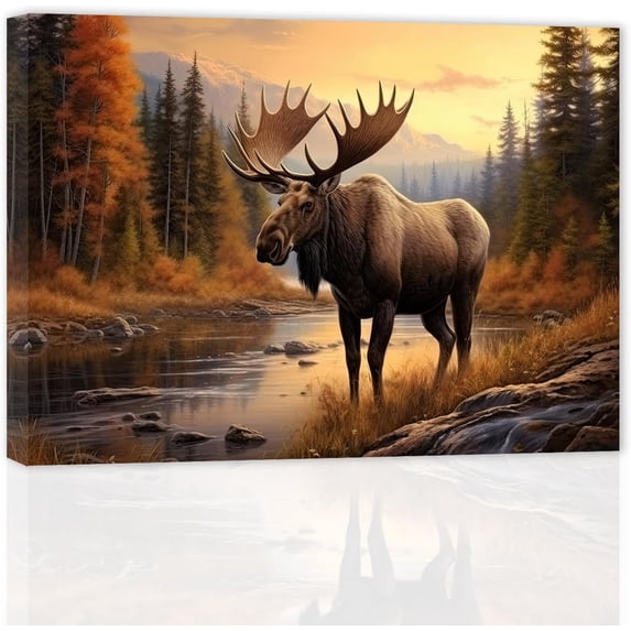 ZHONGYUTONG Large Moose Wall Art Wildlife Canvas Pictures Rustic Forest Wilderness Animal Painting Elmer Moose Artwork for Home Cabin Wall Decor Frame (12.00" x 18.00")