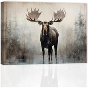 ZHONGYUTONG Large Moose Wall Art Wildlife Canvas Pictures Rustic Forest Wilderness Animal Painting Elmer Moose Artwork for Home Cabin Wall Decor Frame 12.00" x 18.00"
