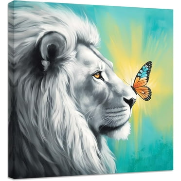 ZHONGYUTONG Lion Canvas Wall Art Lion & Butterfly Poster Prints Wild Animal Portrait Picture Modern Artwork Home Decor Framed (12.00" x 12.00")
