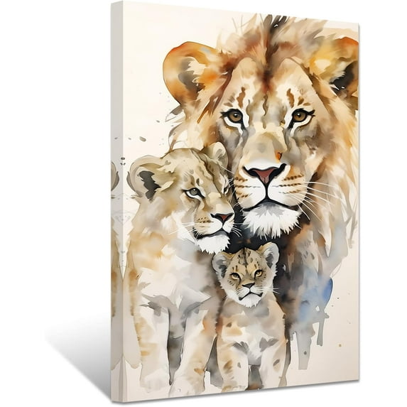 ZHONGYUTONG Lion Canvas Wall Art Lion Family Picture Prints Lion and Lioness Paintings Watercolor Animals Artwork Home Decor Framed (12.00" x 18.00")