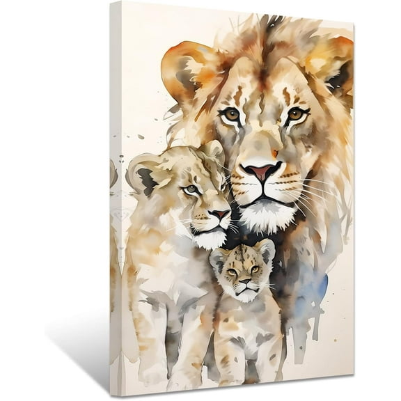 ZHONGYUTONG Lion Canvas Wall Art Lion Family Picture Prints Lion and Lioness Paintings Watercolor Animals Artwork Home Decor Framed (12.00" x 18.00")