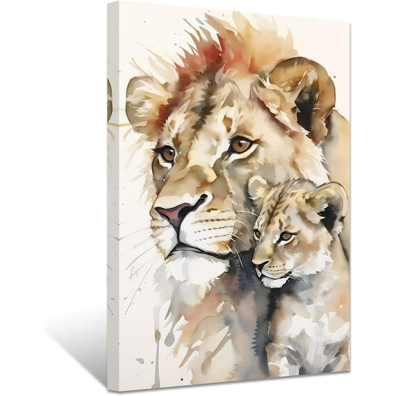 ZHONGYUTONG Lion Canvas Wall Art Lion Family Picture Prints Lion and Lioness Paintings Watercolor Animals Artwork Home Decor Framed (12.00" x 18.00")