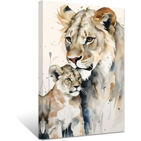 ZHONGYUTONG Lion Canvas Wall Art Lion Family Picture Prints Lion and Lioness Paintings Watercolor Animals Artwork Home Decor Framed (28.00" x 42.00")