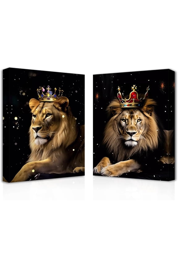 Lion and Lioness Canvas Wall Art 2 Pieces Lion King Couple with Gold Crown Poster Prints African Wild Animal Pictures for Office Decor (11.00" x 14.00" x 2PCS)
