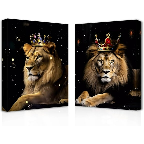 ZHONGYUTONG Lion and Lioness Canvas Wall Art 2 Pieces Lion King Couple with Gold Crown Poster Prints African Wild Animal Pictures for Office Decor (11.00" x 14.00" x 2PCS)