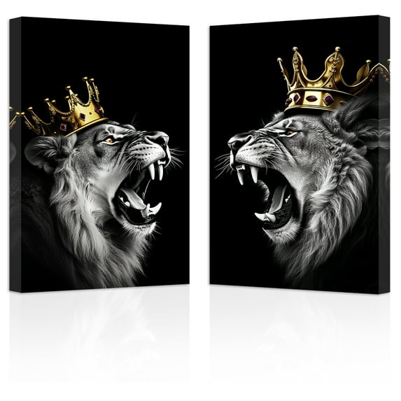 ZHONGYUTONG Lion and Lioness Canvas Wall Art 2 Pieces Lion King with Gold Crown Poster Prints Wild Animal Pictures Black and White Artwork Office Decor (24.00" x 36.00" x 2PCS)