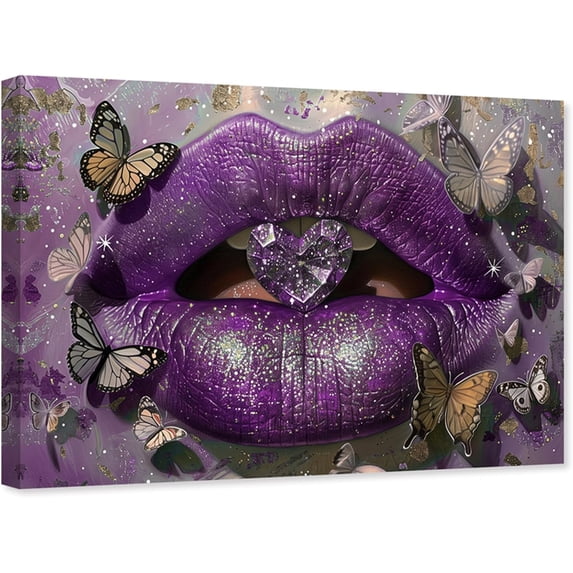 ZHONGYUTONG Lip Canvas Wall Art Purple Lips with Butterfly Pictures Painting Poster Artwork for Home Decor Framed (20.00" x 30.00")