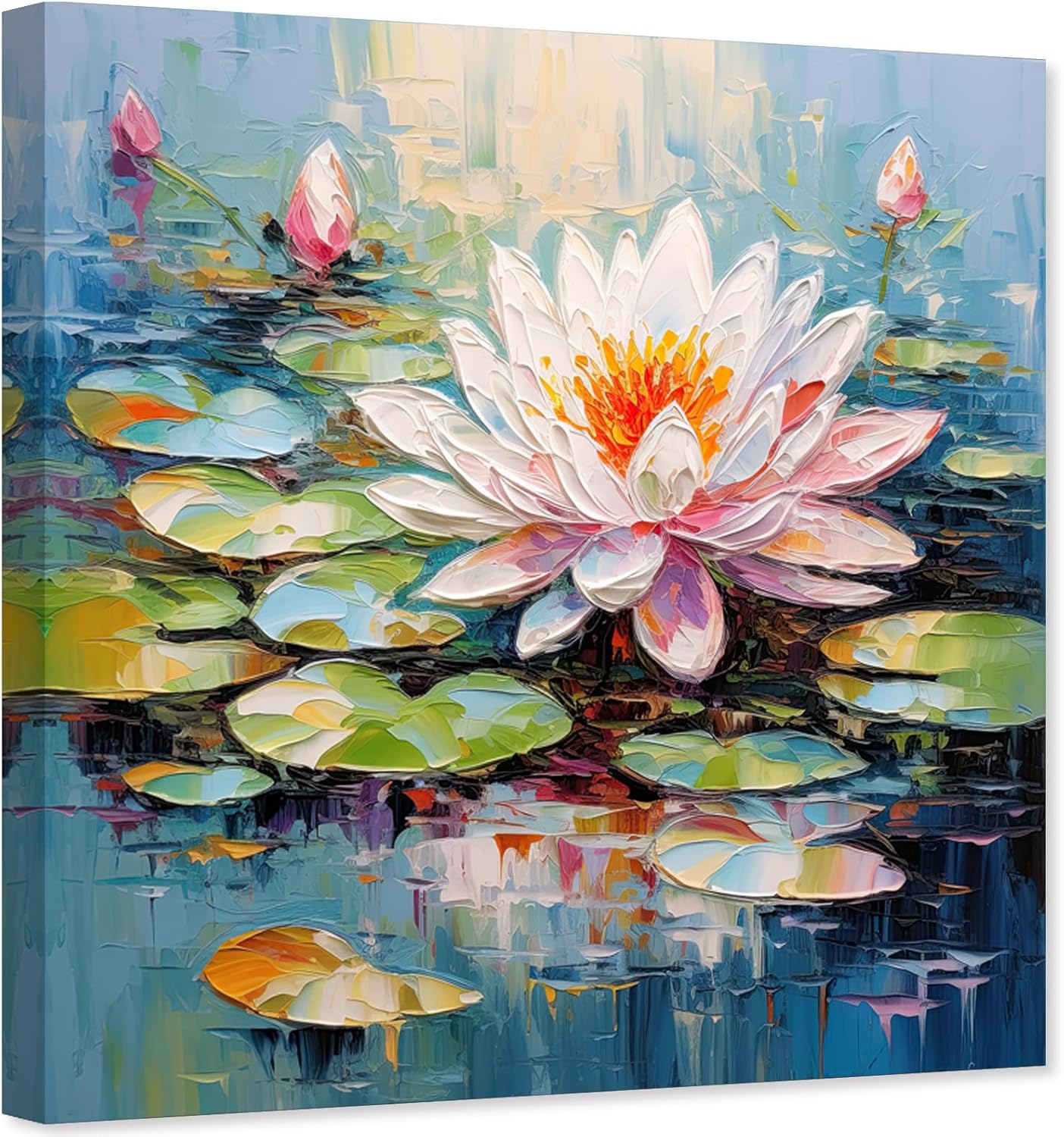 ZHONGYUTONG Lotus Canvas Wall Art Blooming White Flower Painting Zen Floral Watercolour Picture Print for Bathroom Decor Framed (12.00" x 12.00")