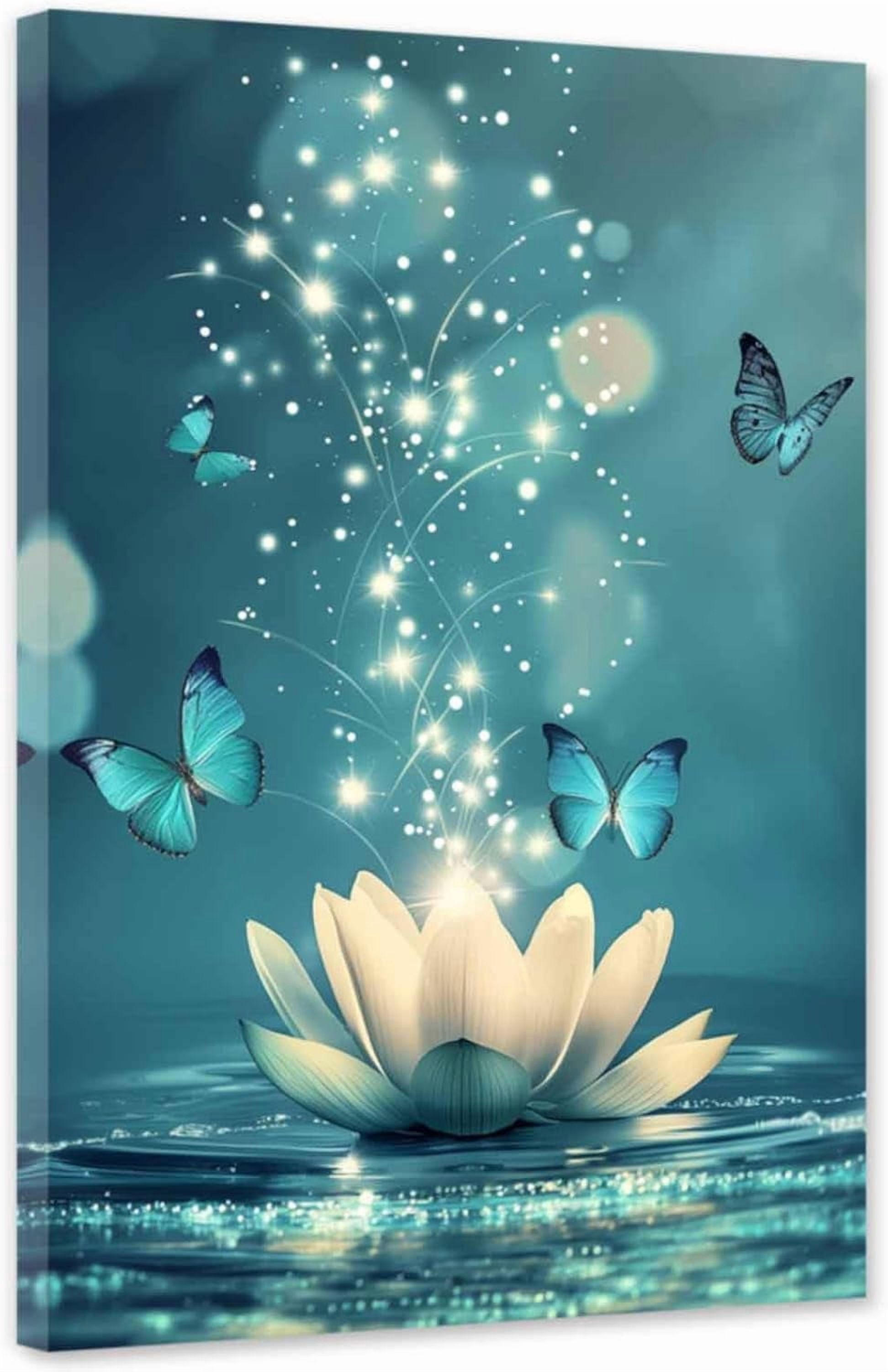 ZHONGYUTONG Lotus Flower Wall Art Teal Zen Canvas Print Spiritual Meditation Pictures Yoga Spa Floral Painting for Bathroom Decor Framed (12.00" x 18.00")