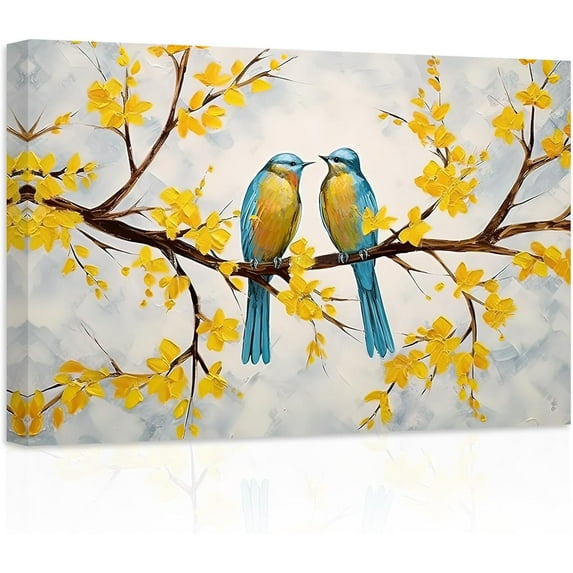 ZHONGYUTONG Love Birds Canvas Wall Art Two Couple Birds on Branch Yellow Flower Tree Painting Prints Romantic Pictures Home Decor for Bedroom Framed (12.00" x 18.00")