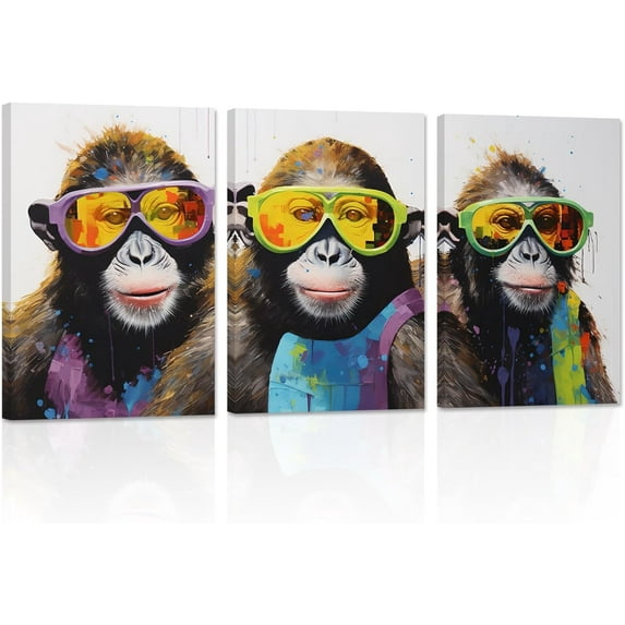 ZHONGYUTONG Monkey Canvas Wall Art 3 Pieces Gorilla Wearing Glasses Poster Prints Abstract Colorful Animal Paintings Home Decor Framed (20.00" x 28.00" x 3PCS)