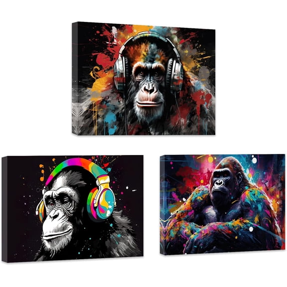 ZHONGYUTONG Monkey Pictures Wall Decor Funny Cool Monkey Gorilla Canvas Prints Gorilla with Headphones Painting Happy Music Animal Artwork Frame (12"x16"x3PCS)