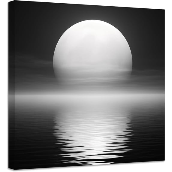 ZHONGYUTONG Moon Over Ocean Painting Canvas Wall Art Full Moon in Night Picture Prints Black and White Modern Artwork Home Decor Framed (20.00" x 20.00")