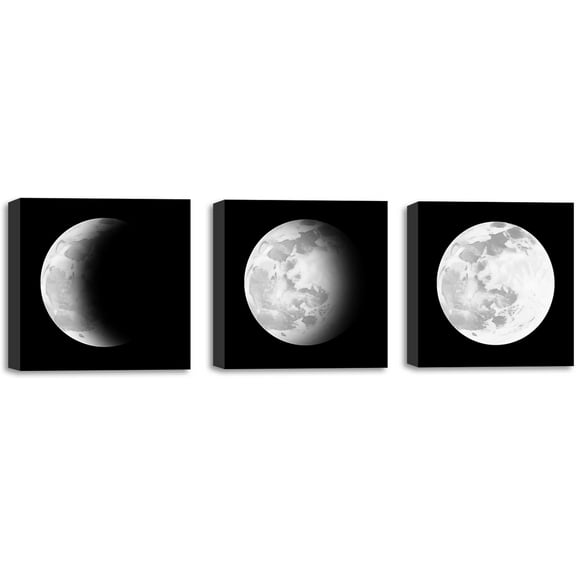 ZHONGYUTONG Moon Phase Wall Art 3 Pieces Black and White Moon Picture Abstract Space Canvas Prints Modern Artwork for Living Room Office Decor (12.00" x 12.00" x 3PCS)
