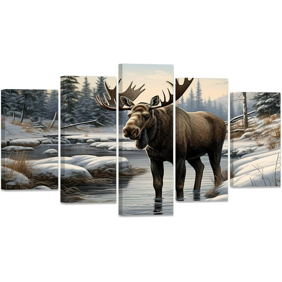 ZHONGYUTONG Moose Canvas Wall Art 5 Pieces Elk Deer Picture Prints Wild Animals Portrait Paintings Retro Artwork for Rustic Farmhouse Decor Framed (8"x14"x2 8"x18"x2 8"x22"x1)